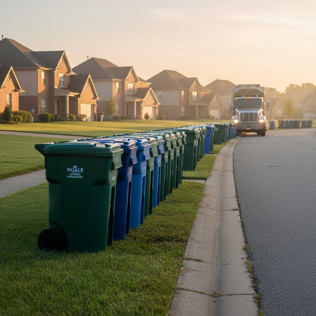 Suburban subdivision street with green and blue curbside bins and an approaching collection truck